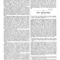 0147 - Page 143 - Bibliographie. Traité clinique des maladies mentales, par le Dr H. Schule, médicin de l'asile d'Illenau (Grand-duché de Bade). Traduit de l'allemand par les Drs J. Dagonet et G. Duhamel. Deuxième fascicule. 1 vol. in-8°, Paris, 1889. Lecrosnier Babé, édit. [Ant. Ritti]. / Index bibliographique. Guide pratique des fesages pendant les deux premières années, à l'usage des médecins inspecteurs, par M. docteur Sutils. - Paris, 1889. G. Steinheil. / Laparo-hystéropexie contre le prolapsus utérin (Nouveau traitement chirurgical de la chute de l'utérus), par Paul Dumoret, avec 9 figures. Thèse de Paris, 1889. E. Lecrosnier et Babé. / De l'action des climats maritimes dans les affections tuberculeuses, par le Dr G. Hameau, médecin inspecteur des bains de mer d'Arcachon. Paris, O. Doin, 1890