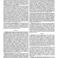 0194 - Page 190 - Revue des journaux. Neuropathologie. Les troubles oculaires dans le tabes dorsal, et la théorie du tabes, par E. Berger. / Des névroses traumatiques, par De Boeck. / Médecine. Thrombose de l'artère mésentérique inférieure et gangrène du côlon, par Adenot. / Chylurie et filariose (A case of chyluria, with presence of filarice), par C. Slater. / Hémiatrophie faciale (Progressive facial hemiatrophy, with some unusual symptoms), par B. Sachs. / Rétrécissement mitral chez l'enfant (The pathological anatomy and the mode of development of mitral stenosis in children), par E. Sansom. / Ectopie de la rate, par Lambotte. / Chirurgie. Pied-bot (Tenotomy for talipes), par J. K. Young. / Fracture du crâne (A case of compound fracture of the skull, etc.) par C. E. Lockwood. / Rupture du quadriceps fémoral (Report of a case of complete rupture of the quadriceps extensor muscle, treated by mechanical means and resulting in a perfect cure), par C. W. Cutler