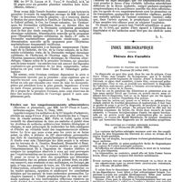 0363 - Page 357 - Bibliographie. Traité descriptif des maladies de la peau, symptomatologie et anatomie pathologique, par MM. les Drs H. Leloir et E. Vidal, 2e livraison, in-4, de 80 pages avec six grandes planches coloriées hors texte. (Masson, éditeur.) [L. Brocq.]. / Études sur les empoisonnements alimentaires (Microbes et ptomaïnes), par MM. les Drs Polin et Labit, ... Paris. O. Doin, 1890. [L. L.]. / Index bibliographique. Thèses des Facultés. Paris. Paralysies et polypes des cordes vocales par Barisien (25 juillet 1890). / Des ruptures de l'artère méningée moyenne par Duchaine (23 juillet 1890). / Étude clinique sur les troubles trophiques de la peau et de ses dépendances dans le rhumatisme articulaire chronique, par d'Hotel (22 juillet 1890)
