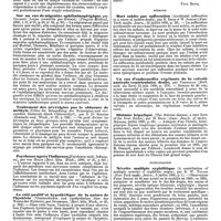 0421 - Page 415 - Revue des journaux. Neuropathologie. Greffe de substance cérébrale (Successful brain grafting), par G. Thompson. / Sur un cas de migraine ophthalmoplégique, par Charcot (Leçon recueillie par Guinon). / Traitement des névralgies par le chlorure de méthyle (Ueber die Behandlung der Neuralgien und verwandter Zustaende durch Chlormethy), par le Dr Steiner. / Psychoses après l'influenza (Psychosen nach Influenza), par von Holzt. / Le côté positif et hypothétique de la nature de l'hystérie (Thatsaechiches un ypothetisches über das Wesen der Hysterie), par Oppenheim. [Paul Blocq]. / Médecine. Mort subite par suffocation (Accidental suffocation as a cause of sudden death), par H. Biggs et W. Jenkins. / Un cas d'endocardite végétante de la valvule auriculo-ventriculaire droite, par Combemale. / Distome hépatique (The distoma sinense, a rare form of the liver flucke), par H. Biggs. / Syphiligraphie. Névrile multiple syphilitique (A contribution of multiple neuritis of syphilitic origin), par R. W. Taylor