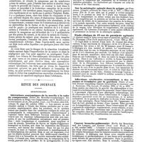 0565 - Page 559 - Travaux originaux. Contribution au traitement de l'anus contre nature accidentel par l'entérectomie, par le Dr J. Thiriar, de Bruxelles. / Revue des journaux. Neuropathologie. Altérations anatomiques de la moelle à la suite de compression (Ueber die Gewebsveraenderungen des Rückenmarks in Folge von Cempression) par P. Rosenbach et Schtscherbok. / Sur l'aménorrhée avec dépression mentale à la suite de shock mental (On amenorrhoea with mental depression and from mental shock), par E. Herman. / Sur la méningite spinale dans la grippe, par Fiessinger. / Etude clinique de 47 cas de paralysie agitante (A clinical study of forty seven cases of paralysis agitans), par Fr. Peterson. / Affections cérébrales ressemblant à des tumeurs et terminées par la guérison (Cases of cerebral disease resembling tumour, termianting in recovery), par A. Handford. / Médecine. Cancer broncho-pulmonaire (Krebs der Bronchien und der Lungen), par Ebstein