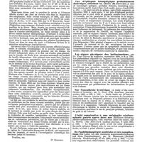 0602 - Page 596 - Correspondance. A propos de la découverte de Koch. [Dr Ricochon]. / Revue des journaux. Neuropathologie. Cas d'épilepsie hémiplégique probablement diabétique, simulant un abcès du cerveau (A case of hemiplegic epilepsy, probably diabetic, simulating cerebral abcess), par R. Abbe. / Les signes physiques des hallucinations, par Ch. Feré. / Sur l'anesthésie hystérique (A study of the anaesthesias of hysteria), par L. Dana. / Cécité consécutive à une méningite cérébrospinale guérie après deux ans (Blindness following cerebro-spinalmeningitis, with recovery after two years), par L. Stowel. / De l'ophthalmoplégie nucléaire et ses complications (Zur Lehre von den nuclearen Augenmuskellaehmung und ihren Complicationen) ; par M. Bernhardt