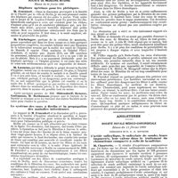 0746 - Page 82 - Mercr. méd. Étranger. Allemagne. Société de médecine berlinoise. Séance du 5 février. Grossesse extra-utérine. / Société de médecine interne. Séance du 10 février 1890. Hôpitaux spéciaux pour les phtisiques. / Le système des eaux à Berlin et la propagation des maladies infectieuses. / Angleterre. Société royale médico-chirurgicale. Séance du 11 février 1890. L'acide salicylique, le salicylate de soude ; leurs impuretés, leur valeur dans le traitement du rhumatisme comparée à celle de la salicine