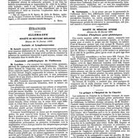 0774 - Page 106 - Mercr. méd. Sociétés savantes. Société médico-psychologique. Séance du 24 février 1890. De la mélancolie et de ses diverses variétés (suite). [A. Ritti]. / Étranger. Allemagne. Société de médecine Berlinoise. Séance du 19 février 1890. Anémie et lymphosarcome. / Anatomie pathologique de l'influenza. / Société de médecine interne. Séance du 24 février 1890. Création d'hôpitaux pour phthisiques. / La grippe à l'hôpital de la Charité