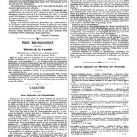 0816 - Page 144 - Mercr. méd. Bibliographie. La tisichezza polmonare, studio clinico, patogenesi, sintomatologia e cura (Phthisie pulmonaire), par Er. De Renzi (1 vol. in-8°, Naples, G. Jovene, 1889). [Georges Thibierge]. / Index bibliographique. Thèses de la Faculté. Contribution à l'étude de la Syringomyélie par J. Bruhl, thèse de doctorat, Paris. / Variétés. Les "Rejetons" de l'hypnotisme [Paul Blocq]. / Livres déposés au Bureau du Journal