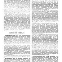 0824 - Page 148 - Mercr. méd. Clinique des maladies mentales. Hôpital du Val-de-Grâce. - M. Bublureaux. Sur un cas de délire hystéro-alcoolique (Leçon recueillie par M. le Dr Lespinasse, médecin stagiaire). / Revue des journaux. Anémie pernicieuse (Zwei Faelle geheilter pernicioeser Anaemie nebst Bemerkungen zur Diagnose und Therapie dieser Krankheit), par Kaufmann. / Des stigmates chez les ouvriers veloutiers, par Michel. / Recherches bactériologiques sur l'intervention des microbes dans les complications génitales de la blennorrhagie, par Eraud. / Recherches sur les diastases et leucomaïnes sécrétées par les microbes de la blennorrhagie, par Eraud. / Inflammation de l'appendice iléo-caecal (Two cases of appendicitis), par R. Milbauk. / Forme et coloration des cicatrices anciennes (Il colore e la forma delle cicatrici antiche in rapporto alla Medicina forense), par Ottolenghi. / Empoisonnements par l'acide phénique (Two cases of fatal poisoning by carbolic acid), par H. Davies
