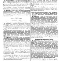 0856 - Page 176 - Mercr. méd. Société française de dermatologie et syphiligraphie. 1re Session tenu à Paris du 10 au 12 avril 1890. Séance, du 10 avril 1890. Syphilide de la lèvre simulant le lupus érythé mateux. / Chancre syphilitique sans induration ni adénopathie. / Séance du 11 avril 1890. Tuberculose cutanée papillomateuse. / Sur un cas de lichen en nappe ; transformation d'un lichen plan tubéreux. / Asphyxie locale des extrémités avec polydactylites suppuratives et poussées éphémères de dermatite pustuleuse disséminées et symétriques. / Eruptions de l'intoxication urique. / Ecthyma infantile simulant le chancre syphilitique