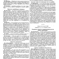 0857 - Page 177 - Mercr. méd. Société française de dermatologie et syphiligraphie. 1re Session tenu à Paris du 10 au 12 avril 1890. Séance du 11 avril 1890. Ecthyma infantile simulant le chancre syphilitique. / Chancres syphilitiques atypiques. / Chancres mammaires. / Nouveau mode de traitement de la syphilis. / Séance du 12 avril 1890. Eruptions cutanées symptomatiques de la grippe épidémique. / Aplasie moniliforme des cheveux