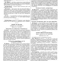 0900 - Page 216 - Mercr. méd. Sociétés savantes. Société de chirurgie. Séance du 30 avril 1890. Cholécystectomie. / Société de biologie. Séance du 3 mai 1890. Elongation du radial dans l'hémichorée. / Action du sympathique sur la réceptivité morbide. / Réflexe bulbo-caverneux dans les affections du système nerveux. / Paralysie faciale périphérique. / Présence du microbe dans les eaux minérales. / Société médico-psychologique. Séance solennelle du 28 avril 1890