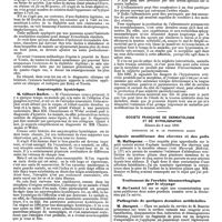 0913 - Page 229 - Mercr. méd. Sociétés savantes. Société médicale des hôpitaux. Séance du 9 mai 1890. De l'angine scarlatineuse précoce pseudo-diphtéritique. / Amyotrophie hystérique. / L'albuminurie des morphinomanes. / Société française de dermatologie et de syphiligraphie. Séance du 8 mai 1890. Aplasie moniliforme des cheveux et des poils. / Traitement de l'orchite blennorrhagique par le stypage. / Pathogénie de quelques dermites artificielles