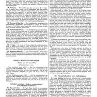 0955 - Page 263 - Mercr. méd. Sociétés savantes. Société de thérapeutique. Séance du 28 mai 1890. Traitement de l'ophthalmie purulente des nouveau-nés. / Société médico-psychologique. Séance du 19 mai 1890. Débilité mentale. Délire communiqué. Une famille d'aliénés. / De l'hospitalisation des épileptiques