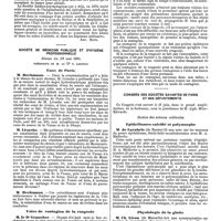 0956 - Page 264 - Mercr. méd. Sociétés savantes. Société médico-psychologique. Séance du 19 mai 1890. De l'hospitalisation des épileptiques. [Ant. Ritti]. / Société de médecine publique et d'hygiène professionnelle. Séance du 28 mai 1890. Eaux de Paris. / Voies de contagion de la rougeole. / Congrès des sociétés savantes de Paris et des départements. Section des sciencees médicales. Epithéliomes calcifié et polymorphe. / Physiologie de la glotte