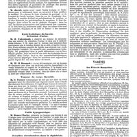 0960 - Page 268 - Mercr. méd. Étranger. Angleterre. Société clinique de Londres. Séance du 23 mai 1890. Traitement de phthisie laryngée. / Kyste hydatique du bassin. Rétention d'urine. / Tumeur du corps thyroïde. / Taille hypogastrique. / Troubles circulatoires dans la diphthérie. / Variétés. Les Fêtes de Montpellier