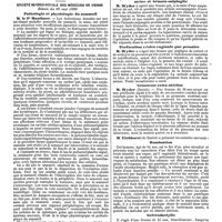0971 - Page 279 - Mercr. méd. Étranger. Angleterre. Diagnostic de la blennorrhagie chez la femme. / Autriche. Société império-royale des médecins de Vienne. Séance du 30 mai 1890. Pathologie et physiologie du sommeil. / Suisse. Vingt-neuvième congrès des médecins Suisses. Tenu à Zurich les 30 et 31 mai 1890. Amputation du col de l'utérus, atrésie, hémato-mètre et hémato-salpingite. / Perforation vésico-vaginale par pessaire. / Grossesse extra-utérine. / Rumination. / Sclérodactylie