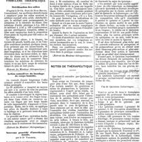 0973 - A - Mercr. méd. Suppl. thérap. Formulaire thérapeutique. Stérilisation des selles. / Action somnifère du bandage de corps humide. / Nouveau procédé d'anesthésie locale par le Dr Voituriez. / Notes de thérapeutique