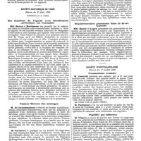 1029 - Page 329 - Mercr. méd. Sociétés savantes. Société de biologie. Séance du 5 juillet 1890. Poliomyélites et Polynévrites. / Société anatomique de paris. Séance du 27 juin 1890. Des luxations de l'épaule avec décollement périostique sur l'omoplate. / Tumeur fibreuse des méninges. / Cancer de rectum. / Dégénérescence graisseuse dans la fièvre typhoïde. / Société d'ophthalmologie. Séance du 1er juillet 1890. Traumatisme oculaire. / Papillite par influenza
