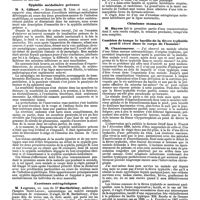 1038 - Page 338 - Mercr. méd. Sociétés savantes. Société médicale des hôpitaux. Séance du 11 juillet 1890. Syringomyélie et maladie de Morvan. / Syphilis médullaire précoce. / Exostoses ostéogéniques. / Chimisme stomacal. / Combien de temps le bacille de la fièvre typhoïde peut-il vivre dans le corps de l'homme ?