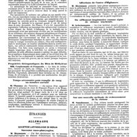 1057 - Page 353 - Mercr. méd. Sociétés savantes. Société de biologie. Séance du 19 juillet 1890. Beri-beri et quebrabou. / Propriétés thérapeutiques du Bleu de Méthylène. / Temps nécessaire pour remplir de sang un membre anémié. / Étranger. Allemagne. Société de laryngologie de berlin. Sarcome naso-pharyngien. / Affections de l'antre d'Highmore. / Du sifflement inspiratoire comme signe de sténose trachéale. / Sur une nouvelle méthode de redressement de la cloison