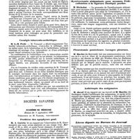 1164 - Page 456 - Mercr. méd. Association française pour l'avancement des sciences. Session de limoges. Communications diverses. Antoplastie buccale pour remédier à une coarctation des mâchoires. / Coxalgie tuberculo-arthritique. / Sociétés savantes. Académie de médecine. Séance du 9 septembre 1890. Prothèse des apophyses geni. / Traitement du strabisme. / Hystérectomie abdominale pour myomes. Pédiculisation à la ligature élastique perdue. / Pleurotomie postérieure. Lavages pleuraux. / Asthénopie des astigmates. / Livres déposés au Bureau du Journal