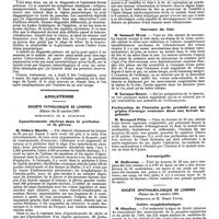 1249 - Page 541 - Mercr. méd. Étranger. Allemagne. Société de médecine interne de Berlin. Séance du 20 octobre 1890. Kystes du pancréas. / Angleterre. Société pathologique de Londres. Séance du 21 octobre 1890. Épanchements chyleux dans le péritoine et la plèvre. / Cancer du foie secondaire à un cancer du côlon. / Sarcome du foie. / Perforation de l'intestin grêle produite par des pépins d'orange contenus dans une hernie inguinale. / Acromégalie. / Société ophthalmologique de Londres. Séance du 16 octobre 1890. Goître exophthalmique