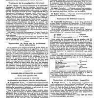 1270 - Page 556 - Mercr. méd. Étranger. Allemagne. Société de médecine berlinoise. Séance du 22 octobre 1890. Lordose de la région cervicale de la colonne vertébrale. Traitement de la constipation chronique. Recherches de Koch sur le traitement de la tuberculose. Congrès des naturalistes Allemands. Brême 15-19 septembre 1890. Section de neurologie et psychiatrie. Des troubles psychiques chez les alcooliques. Traitement du delirium tremens. Hypnotisme et thérapeutique suggestive. Thérapeutique basée sur l'action des vaso-moteurs