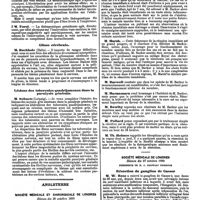1271 - Page 557 - Mercr. méd. Étranger. Allemagne. Congrès des naturalistes Allemands. Brême 15-19 septembre 1890. Section de neurologie et psychiatrie. Thérapeutique basée sur l'action des vaso-moteurs. / Gliose cérébrale. / Lésions des tubercules quadrijumeaux dans la paralysie générale. / Angleterre. Société médicale et chirurgicale de Londres. Séance du 28 octobre 1890. Résection de la hanche pour coxalgie. / Société médicale de Londres. Séance du 27 octobre 1890. Résection du ganglion de Gasser