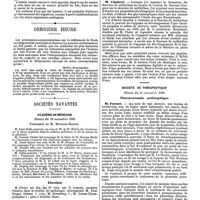 1303 - Page 589 - Mercr. méd. Revue des journaux. Protozoaires dans les cancers (Ein parasitaerer protozoartiger Organismus in Carcinomen), par Nils Sjoebring. / Dernière heure. / Sociétés savantes. Académie de médecine. Séance du 28 novembre 1890. Election. / Rapport. / Académie des sciences. Séance du 17 novembre 1890. Action du fluorure de méthylène sur la bactéripyogène de l'infection urinaire. / Société de thérapeutique. Séance du 12 novembre 1890. Thoracotomie antiseptique