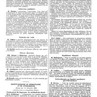1346 - Page 628 - Mercr. méd. Sociétés savantes. Société anatomique. Séance du 12 décembre 1890. Hernie diaphragmatique congénitale. / Infarctus multiples. / Tumeurs du sein. / Pièces diverses. / Société française de dermatologie et de syphiligraphie. Séance du 11 décembre 1890. Traitement du lupus par la méthode de Koch. / Syphilome lingual. / Sclérodermie en bandes améliorée par l'électrolyse