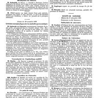 1364 - Page 646 - Mercr. méd. Sociétés savantes. Société de biologie. Séance du 6 décembre 1890. Amélioration du bégayement. / Menthylate de chloral. / Séance du 29 novembre 1890. Lésions encéphaliques de la maladie pyocyanique. / Vascularité de l'épithélium auditif. / Coccidies de l'intestin. / Le pain de sang. / Muscle présternal. / Société de chirurgie. Séance du 17 décembre 1890. Salicylate de mercure. / Suture de l'olécrâne