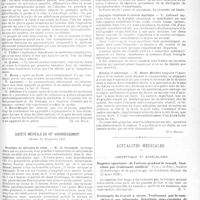 0094 - Page 87 - Sociétés savantes. Société de chirurgie. Séance du 9 février 1921 / Société médicale du VIIe arrondissement. Séance du 25 janvier 1925 / Actualités médicales. Obstétrique et gynécologie. Rupture spontanée de l'utérus pendant le travail. Guérison par traitement médical. (Venot et Pery, Société d'obstétrique et de gynécologie de Bordeaux. Séance du 23 mars 1920) / Eclampsie du travail à terme. Traitement par la morphine et ses adjuvants. Injections sous-cutanées de 0 gr. 10 de morphine dans la première heure. Extraction d'un enfant qui a survécu. Total de la morphine administrée en quatre heures: 0 gr. 14. Guérison rapide sans accidents. (Jules Rouvier, Société d'obstétrique et de gynécologie d'Alger. Séance du 14 février 1920)