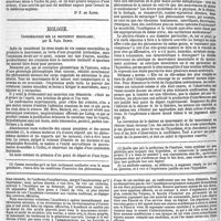 0006 - Page 4 - Revue générale. Espagne : la liberté de l'enseignement. - Italie : questions d'hygiène publique : les rizières ; - Emploi de substances toxiques dans la coloration de pâtisseries et de bonbons ; - Influence de la viande crue sur le développement du taenia. - Allemagne : épidémie de trichinose ; - Tendance des esprits vers les études théoriques ; - Travaux récemment publiés. - Belgique. - Russie. - Angleterre : esprit pratique des médecins anglais ; - La médecine au parlement ; - Le paupérisme ; - Rapports sur diverses épidémies ; - Recherches thérapeutiques ; - Bilan scientifique. [Dr F. de Ranse]. / Biologie. Considérations sur le mouvement musculaire ; par M. Paul Dupuy. / Feuilleton. L'avenir de l'académie de médecine