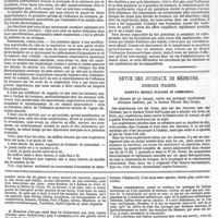 0589 - Page 591 - Physiologie expérimentale et thérapeutique. Recherches expérimentales sur l'action physiologique et thérapeutique des composés de potassium et du bromure de potassium en particulier ; par le docteur J.-V. Laborde. (Suite. - Voir les n°s 39 et 42.). (La suite prochainement.). / Revue des journaux de médecine. Journaux italiens. Gazetta medica italiana di Lombardia. Le tétanos et le curare ; notice sur quelques expériences cliniques inédites ; par le docteur Felice Dell'Acqua. / Feuilleton. Soranus d'Ephèse et son traité des maladies des femmes. Étude historique