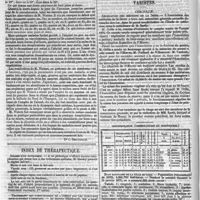 0080 - Page 76 - Bibliographie. Sur les maladies de la poitrine, contribution à leur histoire clinique, leur pathologie et leur traitement. (On diseases of the chest, being contributions to their clinical history, pathology and treatement), par A.-T.-H. Waters... [Dr C. Delvaille]. / Index de thérapeutique. Régime d'un phthisique. / Traitement des fibro-myomes de l'utérus par les injections sous-cutanées d'ergotine. / Variétés. Chronique. / État sanitaire de la ville de Paris. - Population (recensement de 1872), 1,851,792 habitants