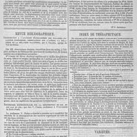 0039 - Page 35 - Travaux académiques. Société de biologie. / Revue bibliographique. Contribution à l'anatomie pathologique des maladies palustres endémiques ; observations sur l'anémie, la mélanémie et la mélanose palustres ; par A. Kelsch... / Recherches expérimentales sur la désinfection du sol et des gaz du sol ; par Jos.-V. Fodor... [Dr J. Arnould]. / Index de thérapeutique. Du régime lacté comme traitement curatif de l'albuminurie des femmes enceintes et traitement préventif de l'éclampsie. / Variétés. Chronique