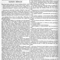 0116 - Page 114 - Académie des sciences : Traitement de la morsure des serpents venimeux par les injections sous-cutanées d'une solution de permanganate de potasse. - Académie de médecine : Vote des conclusions de la commission chargée d'examiner la question de l'inspection des viandes américaines. - Suite de la discussion sur l'anesthésie par le chloroforme. [Dr F. de Ranse]. / Clinique médicale. Paralysie spinale aiguë de l'adulte (trépho-myélite antérieure aiguë) développée au cours d'une ataxie locomotrice progressive, par le docteur Raymond..., et le docteur P. Oulmont..