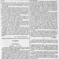 0147 - Page 143 - Bibliographie. De l'épithélioma primitif de la rate (hypertrophie idiopathique de la rate sans leucémie), par le docteur Ernest Gaucher... Paris, O. Doin, 1882. / Des hémorrhagies cutanées liées à des affections du système nerveux et en particulier du purpura myélopathique, par le docteur Léon Faisans... Paris, A Coccoz, 1882. [Paul Fabre...]. / Variétés. Chronique. Nécrologie. M. Lasègue. [A. Dureau]. / [Nécrologie] M. Morlet