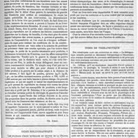 0301 - Page 299 - Bibliographie. Traité de chirurgie de guerre, par E. Delorme... - Alcan..., Paris, 1888. [Ch. Amat]. / Index bibliographique. Les stations d'eau minérales du centre de la France. - La Caravane hydrologique de 1887, par le docteur de Pietra Santa et A. Joltrain. / Index de thérapeutique. Des diurétiques dans les affections du coeur