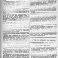 0611 - Page 607 - Recueil de faits cliniques. Entérolithes de l'appendice vermiculaire. - Pérityphlite et péritonite suppurées. Mort. - par le docteur Adrien Pozzi... / Revue des journaux de médecine. Contributions à l'histoire de la maladie de Basedow (goître exophtalmique, maladie de Graves). Suite et fin. - Voir le numéro précédent. IV. Un cas de maladie de Basedow en rapport avec une affection du nez, par le docteur Fraenkel. (Berliner klin, Wochenschrift, 1888...) - V. Guérison d'un cas de maladie de Basedow à la suite de l'amélioration d'une affection nasale, par le docteur Hopmann. (Ibidem...) - VI. Remarques sur deux cas de maladie de Basedow, par S.-J. Barbow. (The american Practitioner and News, 29 décembre 1877.) - VII. Un cas de maladie de Basedow guéri au moyen de l'électricité, par M.H. Pelzer... (Therapeutische Monatshefte ; octobre, 1888...) - VIII. Sur le traitement et sur quelques particularités cliniques de la maladie de Basedow, par M. Vigouroux. (Progrès médical, 1887...)