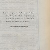 0141 - Page sans numérotation - Examen comparé de l'influence de l'acétate de potasse, du nitrate de potasse, du chlorate de potasse, de la scille et de l'iodure de lithium sur la diurèse. (Voir ci-derrière les deux tableaux)