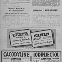 0012 - Page 14 - Intérêts professionnels. Nomination de médecins « assermentés » dans le département de la Seine / Sociétés médicales et chirurgicales. Société française de gynécologie. Le dépistage des vaginites à trichomonas et leur traitement / Les indications des eaux chlorurées sodiques en gynécologie / Informations et nouvelles diverses. Cours et conférences. L'enseignement chirurgical complémentaire créé et fait par les chirurgiens des hôpitaux, à l'intention des internes des hôpitaux de Paris, commencera en janvier 1951