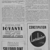 0070 - Page 88 - Sociétés médicales et chirurgicales. Société de médecine de Paris. Séance du vendredi 22 décembre 1950. Traitement chirurgical du doigt à ressort / Un perfectionnement de la streptomycinothérapie : l'Association di-hydrostreptomycine - thiosulfate de soude à l'hépatothérapie / Société française de gynécologie. Le prélèvement fundique dans l'étude de l'ascension des spermatozoïdes / Sarcome du col utérin / Diagnostic difficile entre fibrome et kyste / L'action du nitrite d'amyle dans les sténoses tubaires spasmodiques / Sur le pronostic des tuberculoses génitales découvertes par biopsie de l'endomètre / Leucocolpos chez une fillette