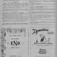 0218 - Page 276 - Informations et nouvelles diverses. Congrès et réunions. IIe Congrès international de gérontologie / Congrès international Roschach / IIe journées internationales de Nipiologie. Les IIes journées internationales des niplologie et VIe Congrès Italien de nipiologie auront lieu à Turin, du 2 au 5 juin 1951 sous la présidence du Prof. Ernesto Cacage / XIIe Congrès de l'Association d'études physio-pathologiques du foie et de la nutrition (Bordeaux, 13-15 avril 1951) / Journées médico-militaires (Montpellier, Faculté de médecine, 14-15 avril 1951) / Ire réunion de l'Association internationale pour l'étude des bronches (Paris, 66, boulevard Saint-Michel, 21-22 avril 1951) / Journée de médecine du travail dans l'industrie textile (Lille, 5-6 mai 1951)