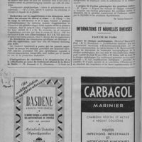 0268 - Page 336 - Sociétés médicales et chirurgicales. Société de pathologie comparée. Ictère hémolytique du muleton. Rôle de l'allaitement / Recherches sur les agglutinines et les hémolyses naturelles des sérums de cheval et d'âne / L'antagonisme de résistance à la streptomycine et à la sulfadiazine au cours du traitement alterné de la fièvre de Malte / A propos de l'action galactogène des protéines iodées / Informations et nouvelles diverses. Faculté de Paris. Chaire de clinique cardiologique. (Hôpital Broussais Prof. : M. E. Donzelot).- Conférences portant sur les acquisitions récentes d'électrocardiographie et de vecto-cardiographie