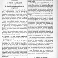 0030 - Page 31 - Partie médico-militaire. Au front et à l’arrière. Au fil de l’actualité. La démobilisation des médecins de complément / C. M. n° 42191 A 2/7 du 26 novembre 1918 relative à l’affectation à leur résidence du temps de paix des médecins R. A. T / Le médecin de régiment. L’appel d’un parent pauvre