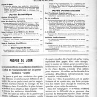 0146 - Page 147 - Sommaire / Propos du jour. La situation difficile des médecins démobilisés. L’office de renseignements sur les postes médicaux vacants [J. Noir]