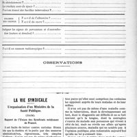 0278 - Page 279 - Partie professionnelle. La lutte antituberculeuse. Les stations sanitaires improvisées par le Ministère de l’Intérieur pour les militaires tuberculeux / La vie syndicale. L’organisation d’un Ministère de la Santé Publique, (Suite). Rapport de l’Union des Syndicats médicaux de France