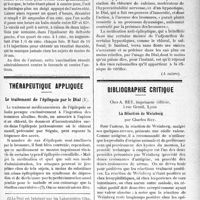 0730 - Page 731 - Partie scientifique. A travers la presse. La vaccination antifuronculeuse / Thérapeutique appliquée. Le traitement de l’épilepsie parle Dial / Bibliographie critique. La Réaction de Weinberg, par Charles Rey, chez A. Rey, imprimeur éditeur