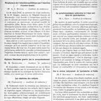 0775 - Page 776 - Partie scientifique. Phtisiologie de guerre. Blessure de guerre du poumon et tuberculose pulmonaire ultérieure, par le Docteur A. Challamel / Revue des sociétés savantes. Prophylaxie de l’infection syphilitique par l’injection d’arséno-benzol, (M. A. C. Magian. — Académie de médecine) / Chyluriefilarienne guérie par le novarsénobenzol, (M. M. Deschamps. — Académie de médecine) / Les néphrites des enfants, (M. Nobécourt. — Académie de médecine) / La symptomatologie subjective et l’état réel dans les gastropathies, (M. L. Pron. — Académie de médecine) / Sur le sérum polyvalent de Leclainche et Vallée, (M. P. Bouchet. — Académie de médecine)