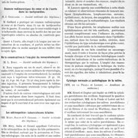 0820 - Page 821 - Partie scientifique. Revue des sociétés savantes. Les tachycardies de guerre, (M. Ch. Aubertin. — Société médicale des hôpitaux) / Examen radioscopique du coeur et de l’aorte dans les tachycardies, (M. J. Gaillard. — Société médicale des hôpitaux) / Morts consécutives à l’emploi du novarsénobenzol, (M. L. Bory. — Société médicale des hôpitaux) / Les adénopathies tuberculeuses hilaires, (MM. Méry Salin et P. Girard. — Société médicale des hôpitaux) / Radiumthérapie des tumeurs en oto-laryngologie, (MM. Lannois et Sargnon et Mme Montet. — Académie de médecine) / Cytologie normale et pathologique de la salive, (MM. de la Prade et Loiret. — Académie de médecine) / Névralgie du trijumeau et gassérectomie, (M. J. Bourguet. — Académie de médecine)