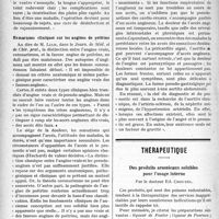 0823 - Page 824 - Partie scientifique. A travers la presse. Soins pré et post-opératoires / Remarques cliniques sur les angines de poitrine / Thérapeutique. Des produits arsenicaux solubles pour l’usage interne, par le Docteur Ed. Crouzel